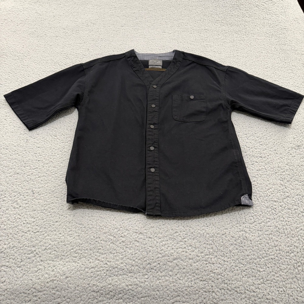 Zara Man Black Denim Baseball Shirt Mens Medium Regular Fit Snap Front V-Neck